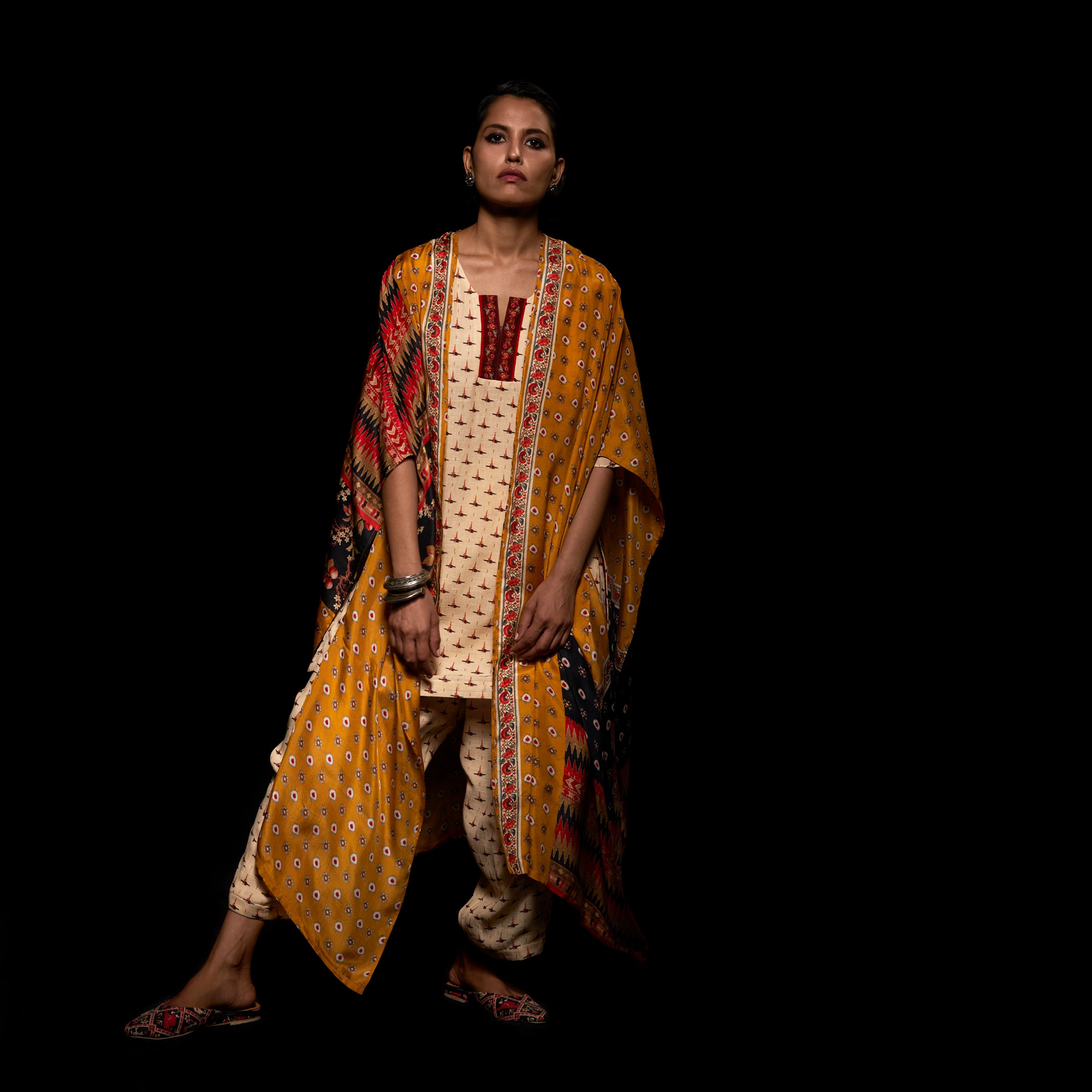 The Adah Kurti, Asmee Pants and Kimaya Kimono Set.  - Ivory Ikat. Mustard