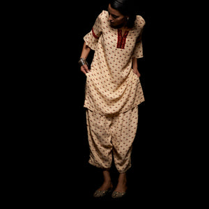 The Adah Kurti, Asmee Pants and Kimaya Kimono Set.  - Ivory Ikat. Mustard