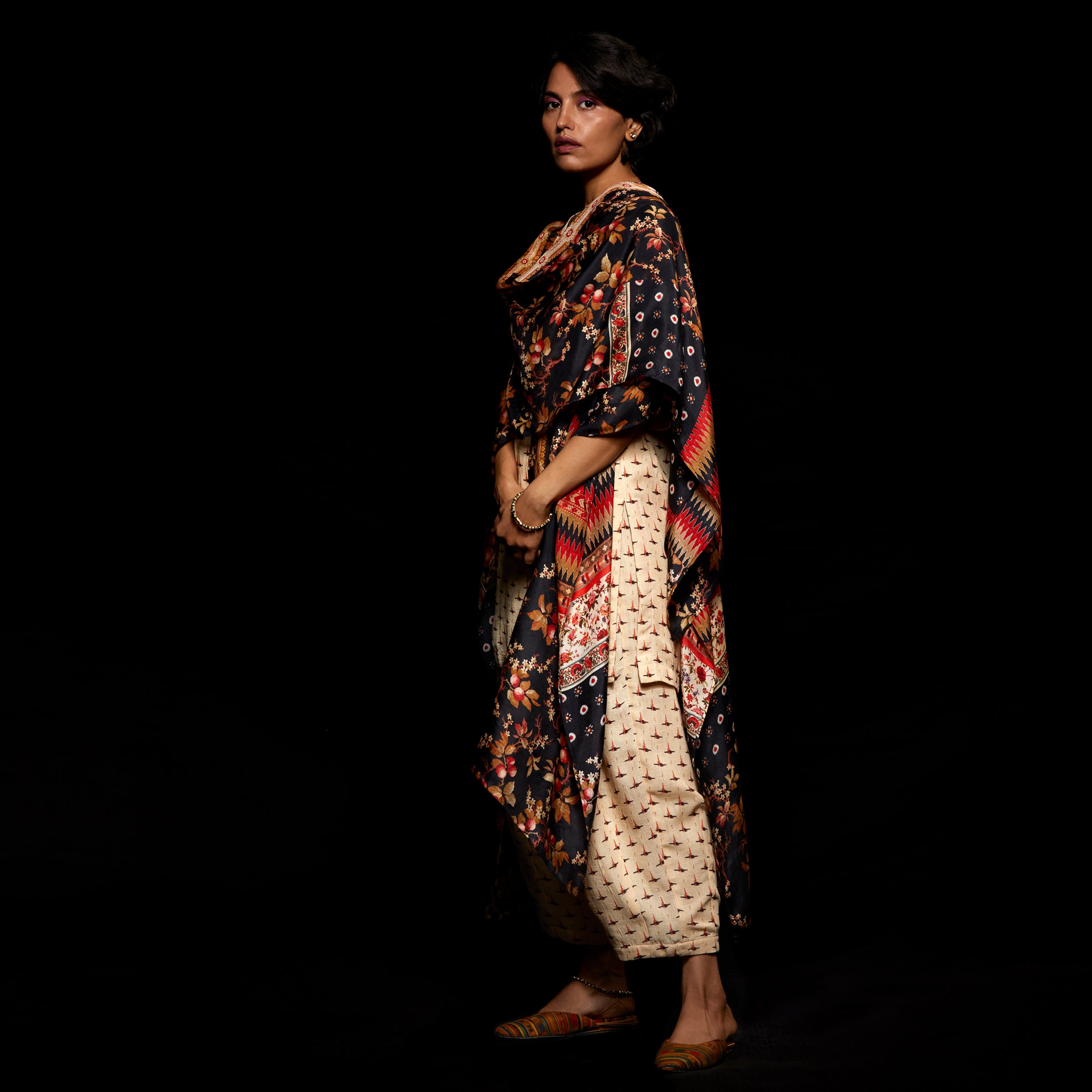 The Anaisha Kurti, Emir Kimono and Mahika Pants Set. - Ivory Ikat. Black