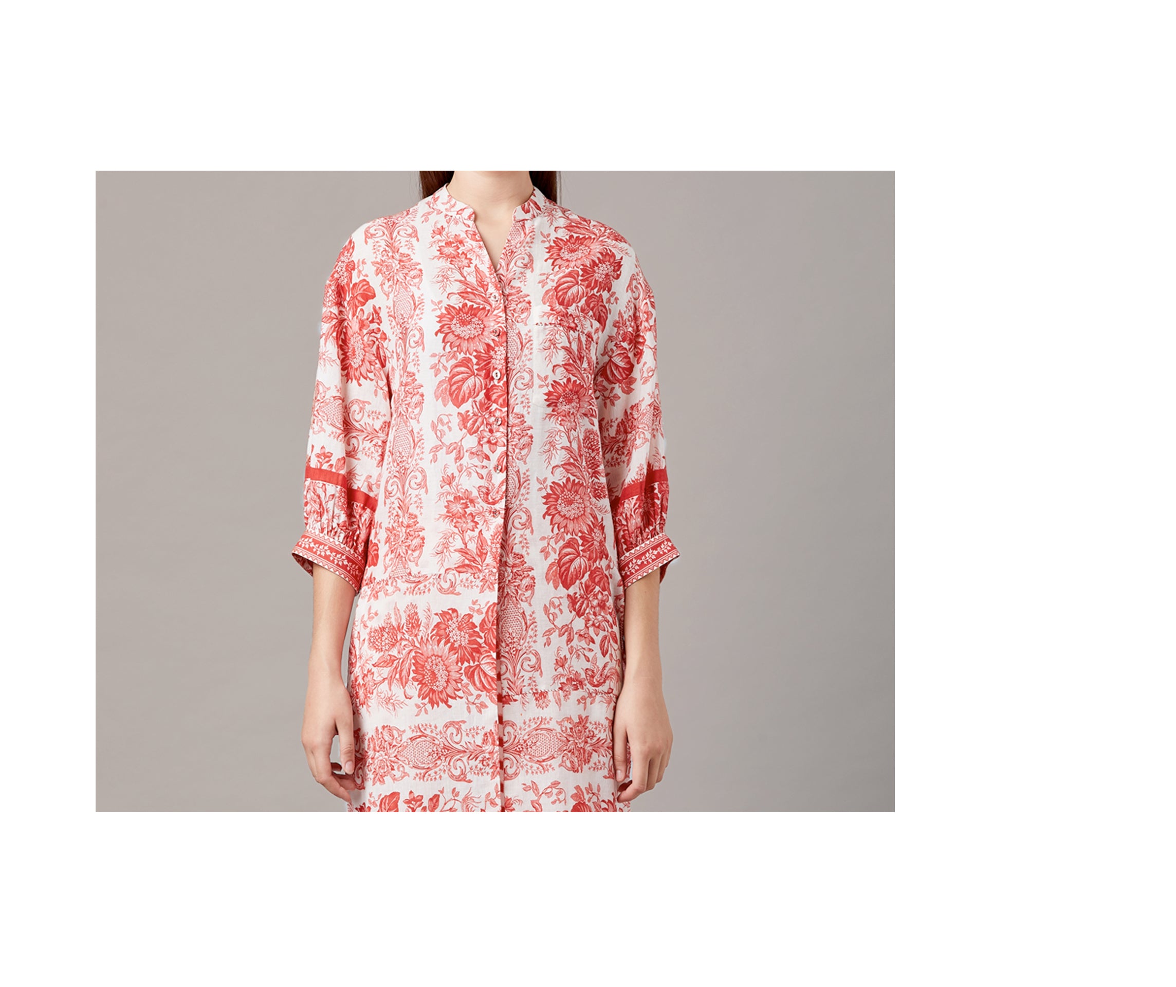 The Dante Tunic-Pants Set - Red and White Hand Painted Floral Print and Ikat Print