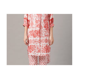 The Dante Tunic-Pants Set - Red and White Hand Painted Floral Print and Ikat Print