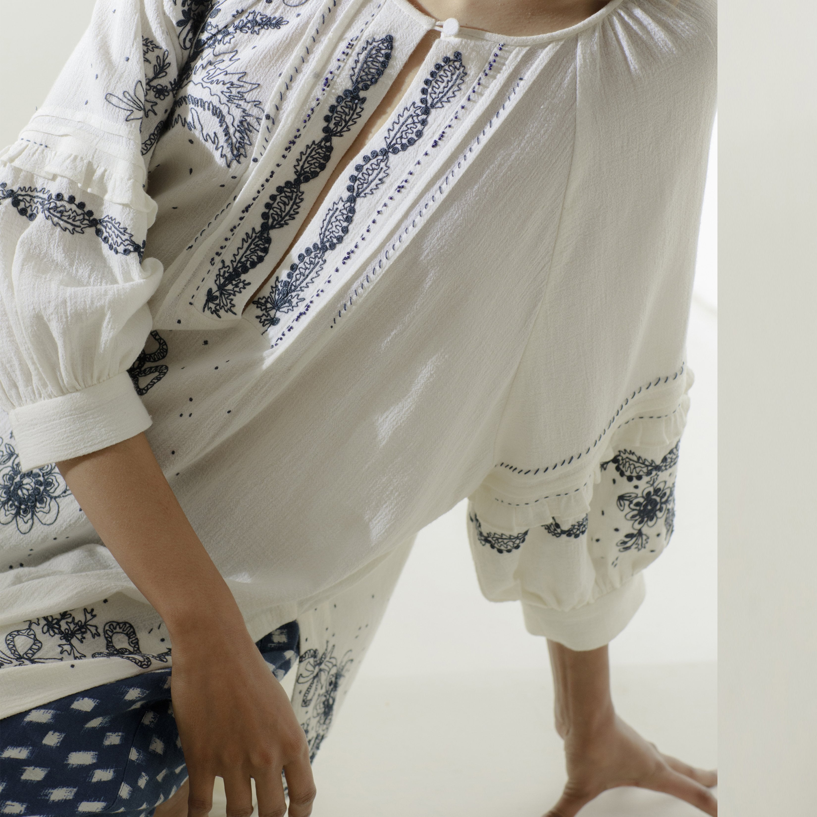 Oliver Tunic Pant Set - Blue Embroidery and Ikat Print.