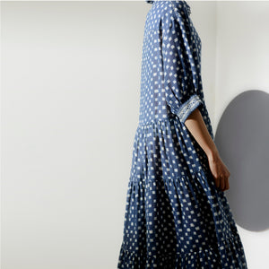 The Silvia Dress - Blue and White Hand Painted Ikat Print