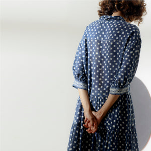 The Silvia Dress - Blue and White Hand Painted Ikat Print