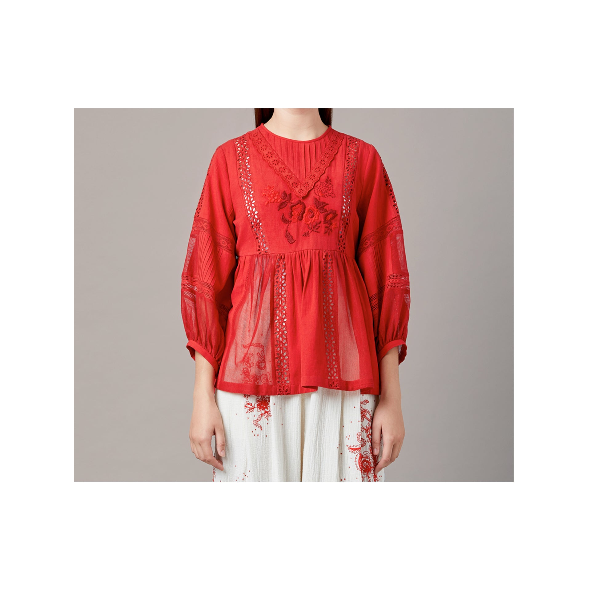 The Maria Top- Pants Set - Red Broderie Anglaise Embroidery