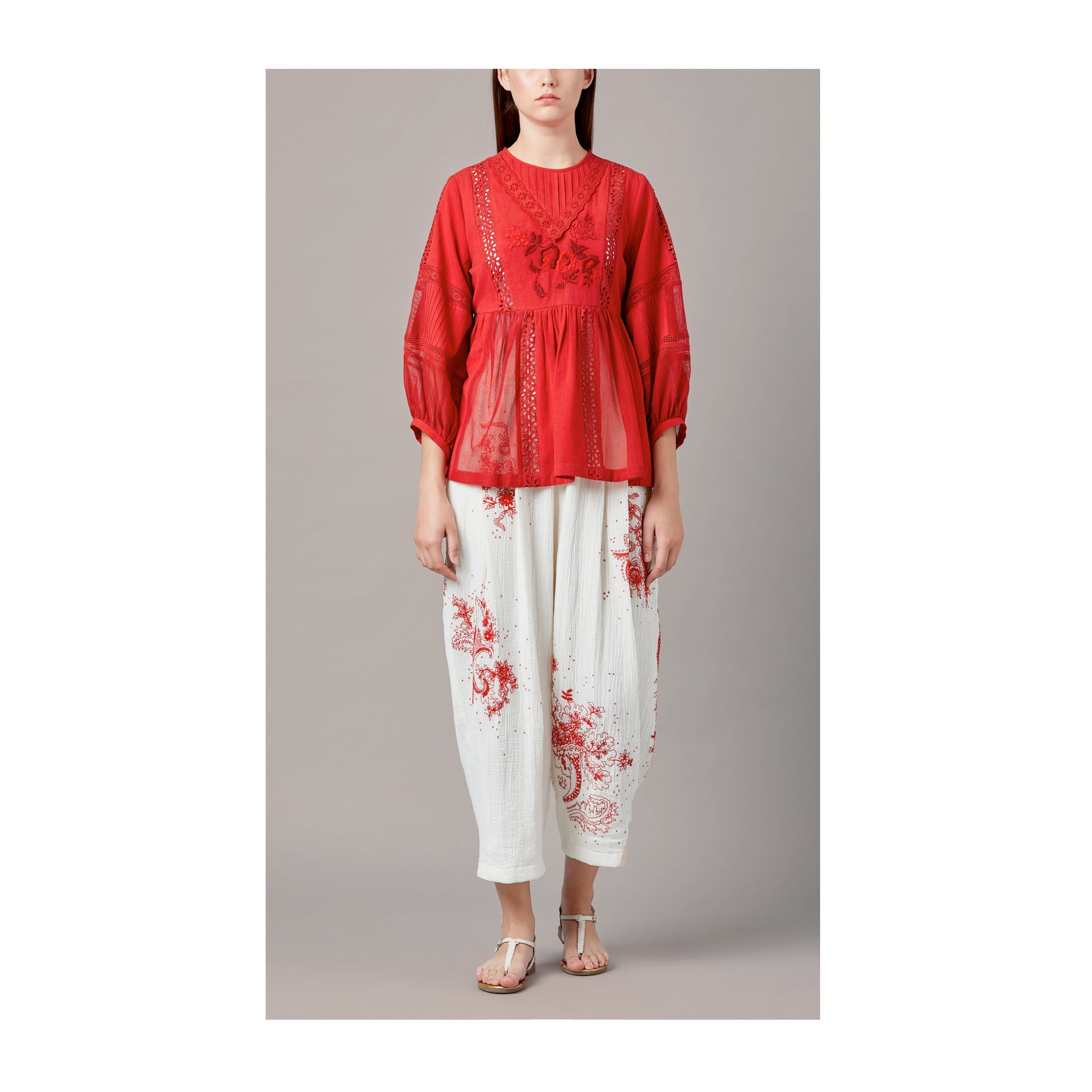 The Maria Top- Pants Set - Red Broderie Anglaise Embroidery