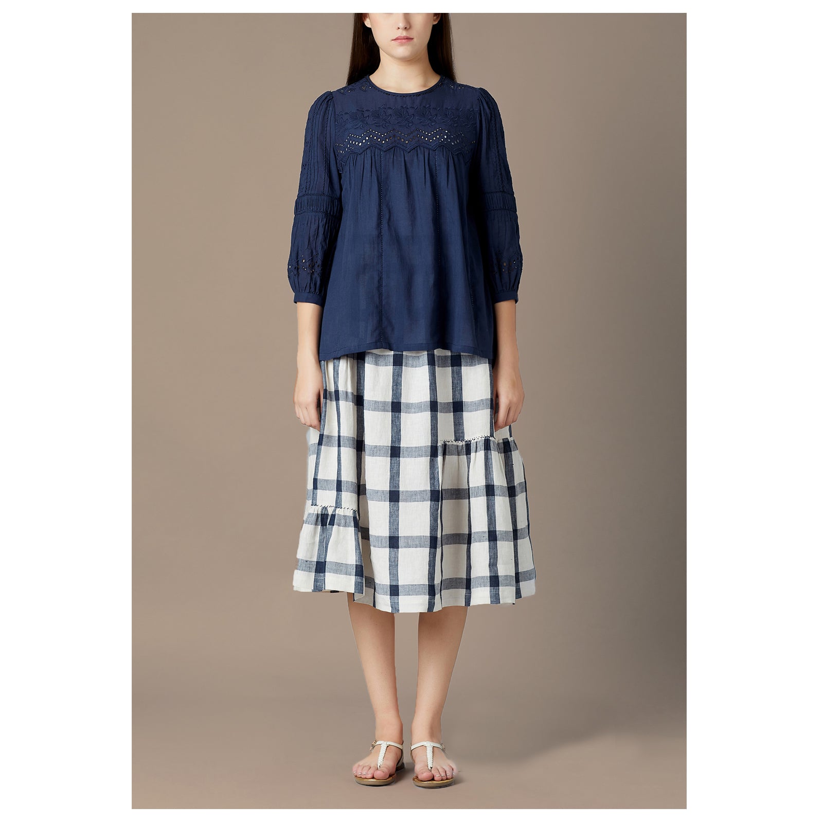 The Ingrid Top-Skirt Set - Blue Broderie Anglaise and Check Weave