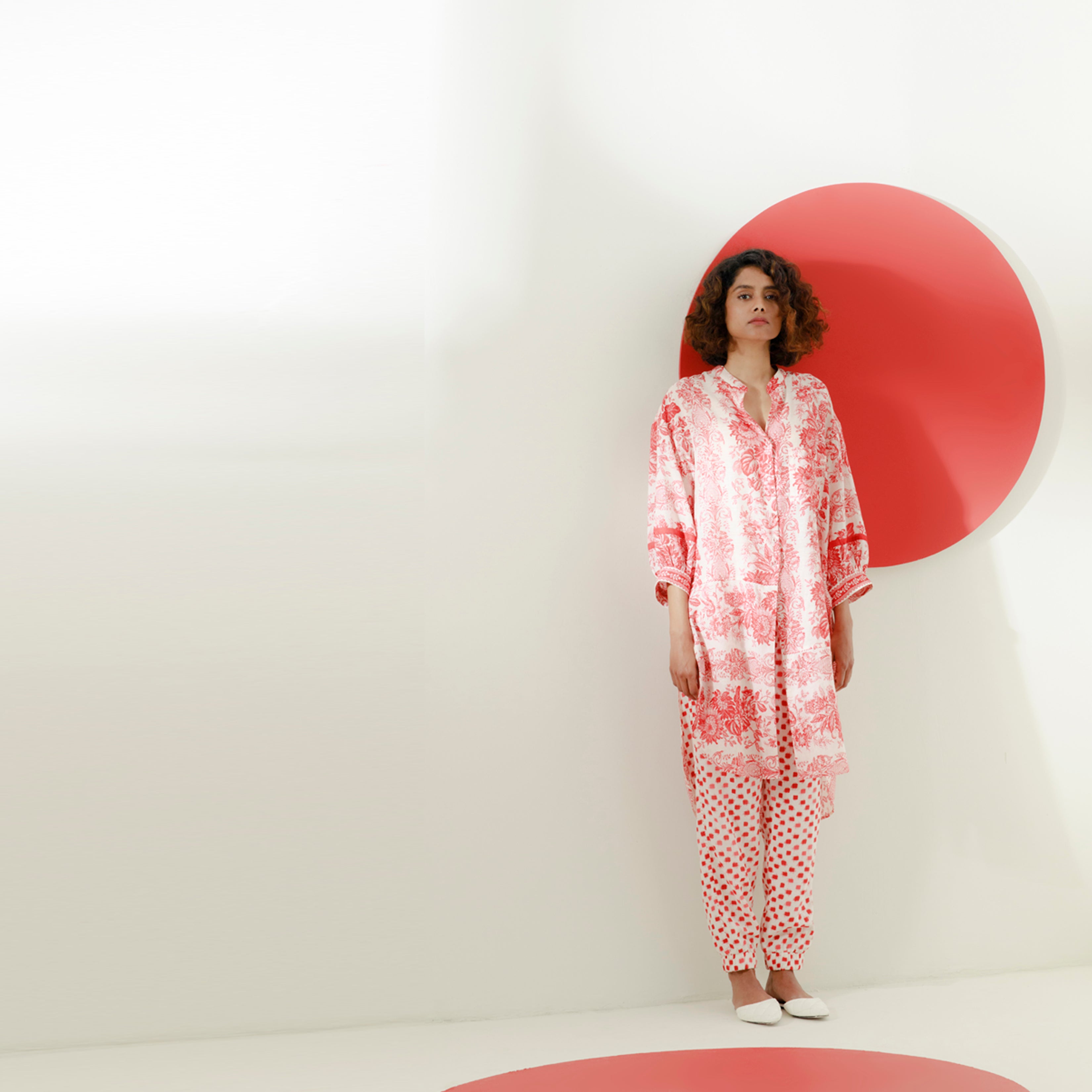 The Dante Tunic-Pants Set - Red and White Hand Painted Floral Print and Ikat Print