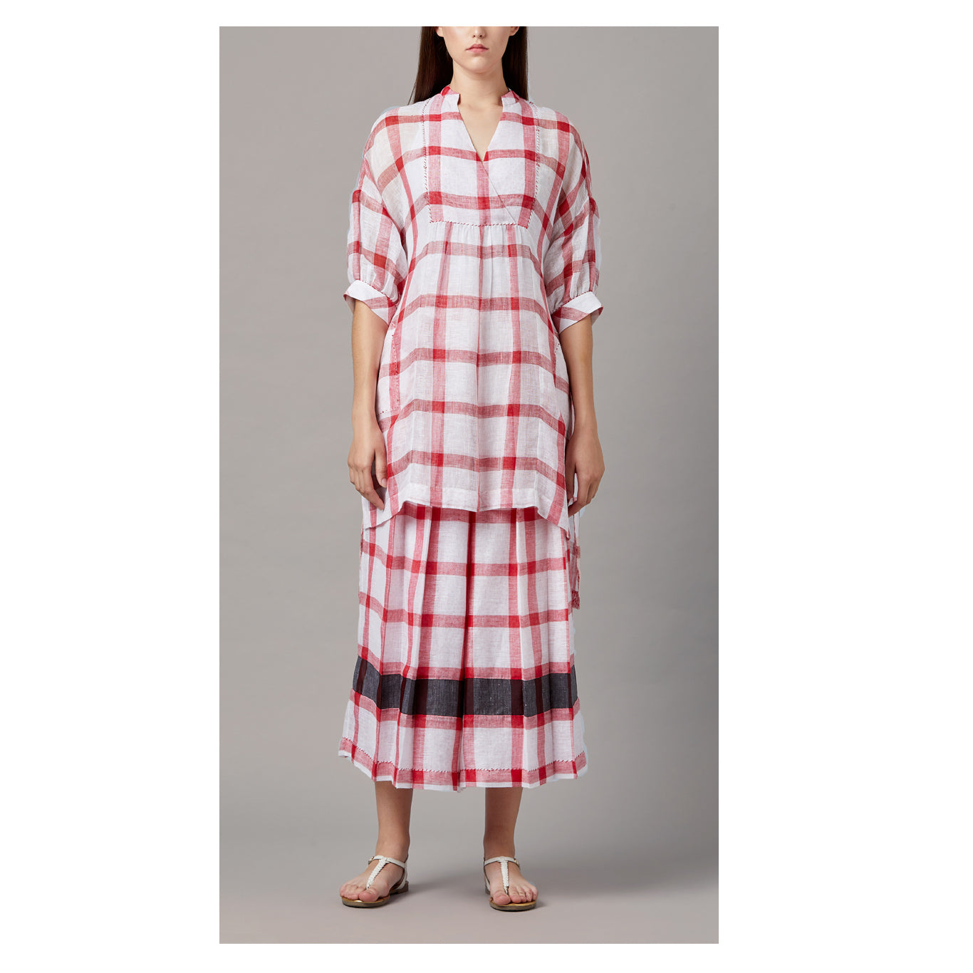 The Abigail Tunic Pants Set - Red and White Check Weave