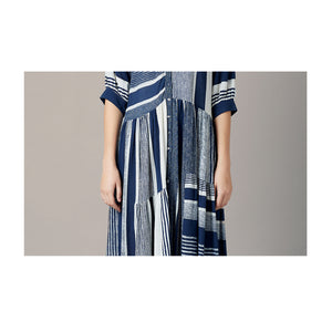 The Cillian Dress - Blue and White Asymmetrical Stripe Weave